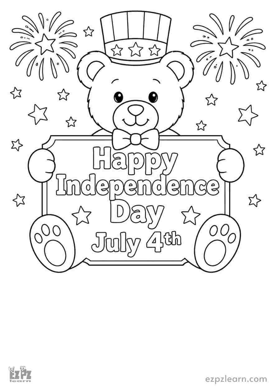 Kids Coloring Page of a Teddy Bear Independence day July 4th